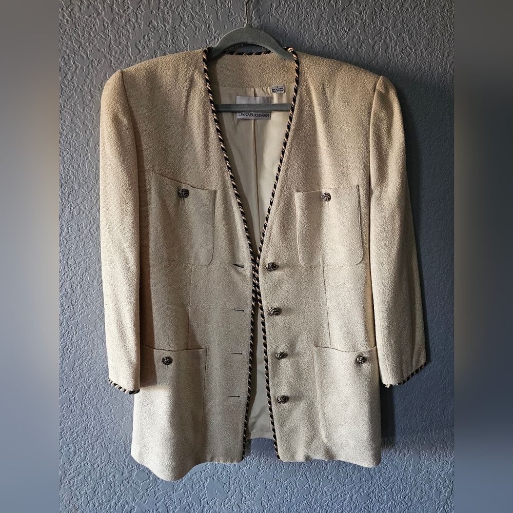 Dana Buchman Cream Textured Long Blazer with Contrast Braid Size 8